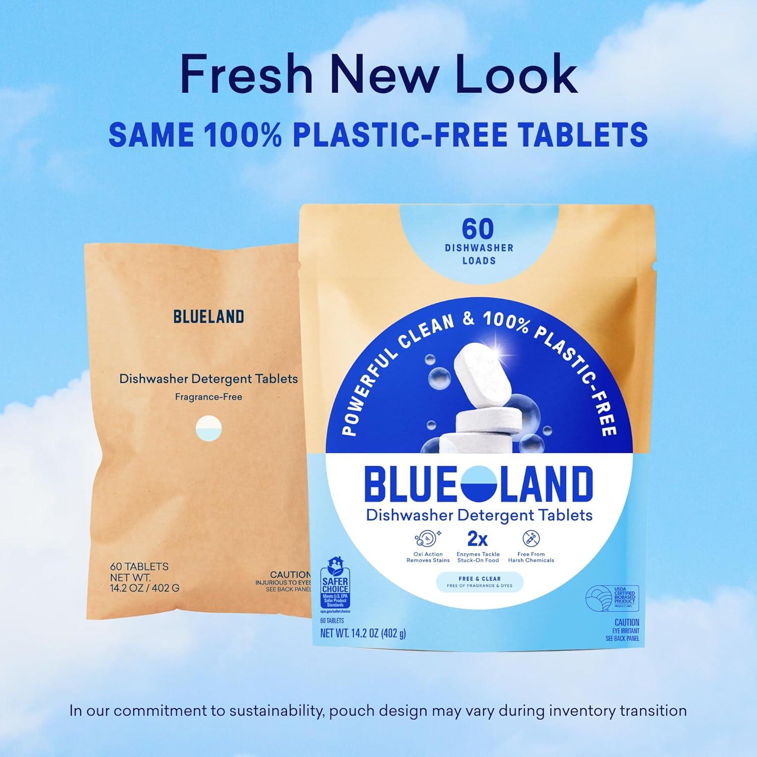 image:imageBLUELAND 100 PlasticFree Dishwasher Detergent Tablets 120 Count Free amp Clear EcoFriendly Dishwashing Pods Natural USDA Certified biobasedFragrance Free