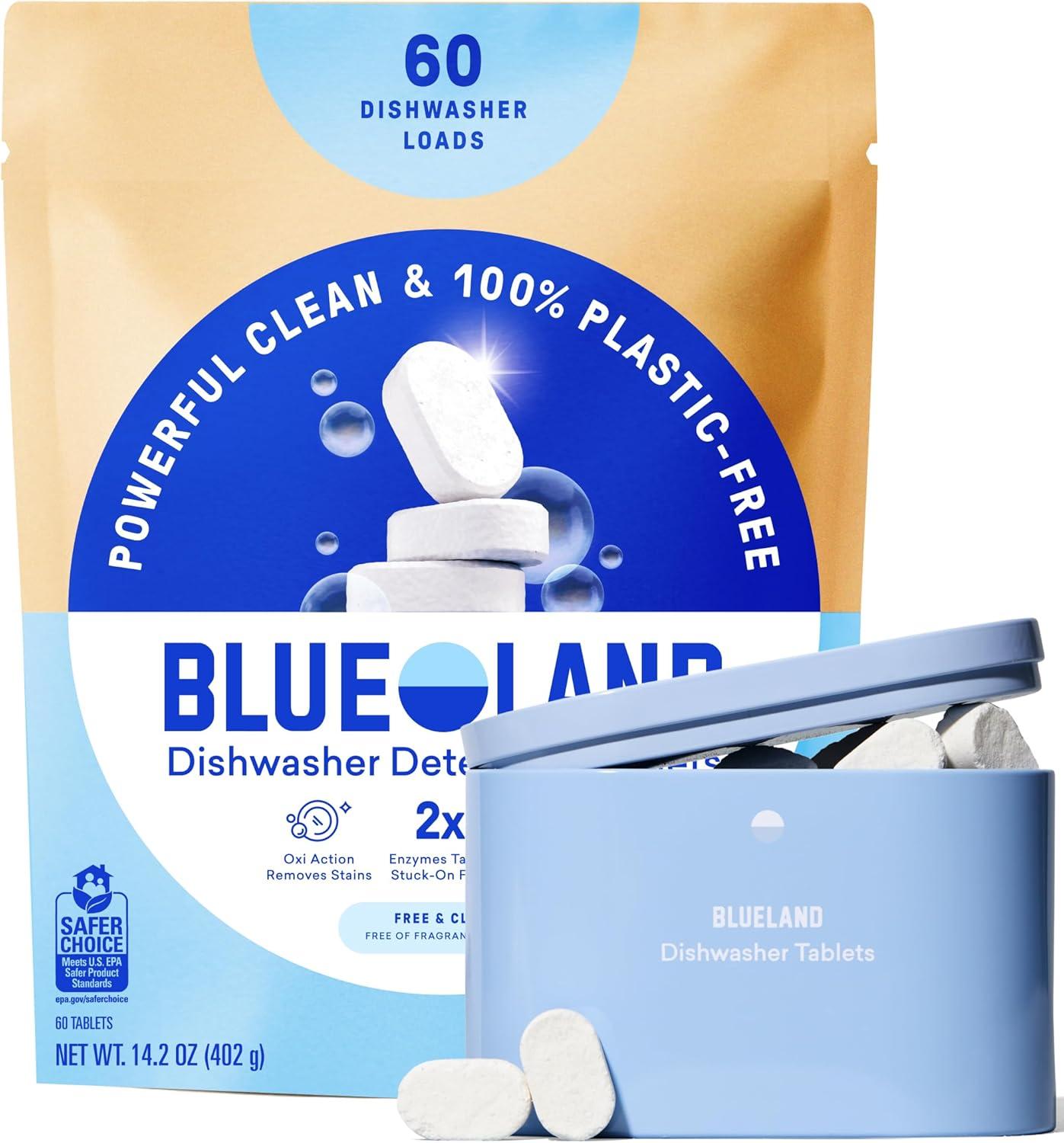 image:imageBLUELAND 100 PlasticFree Dishwasher Detergent Tablets 120 Count Free amp Clear EcoFriendly Dishwashing Pods Natural USDA Certified biobasedFragrance Free