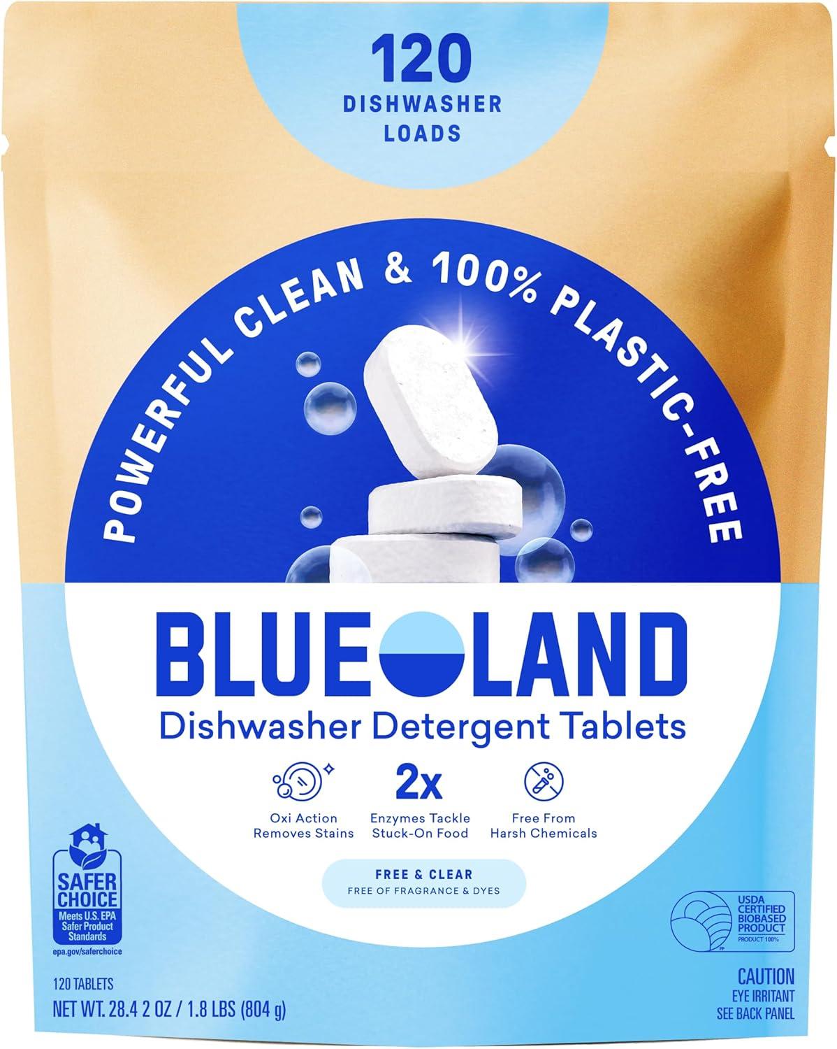 image:imageBLUELAND 100 PlasticFree Dishwasher Detergent Tablets 120 Count Free amp Clear EcoFriendly Dishwashing Pods Natural USDA Certified biobasedFragrance Free