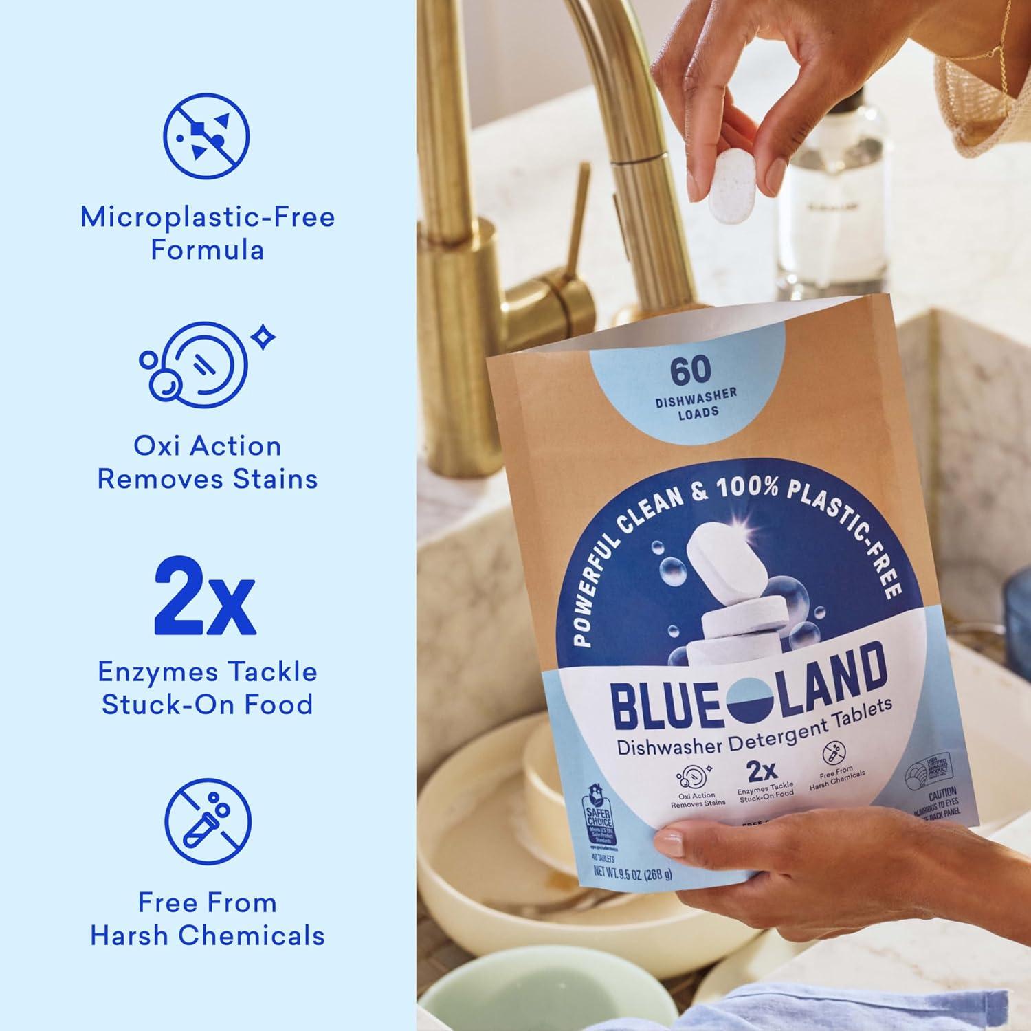 image:imageBLUELAND 100 PlasticFree Dishwasher Detergent Tablets 120 Count Free amp Clear EcoFriendly Dishwashing Pods Natural USDA Certified biobasedFragrance Free