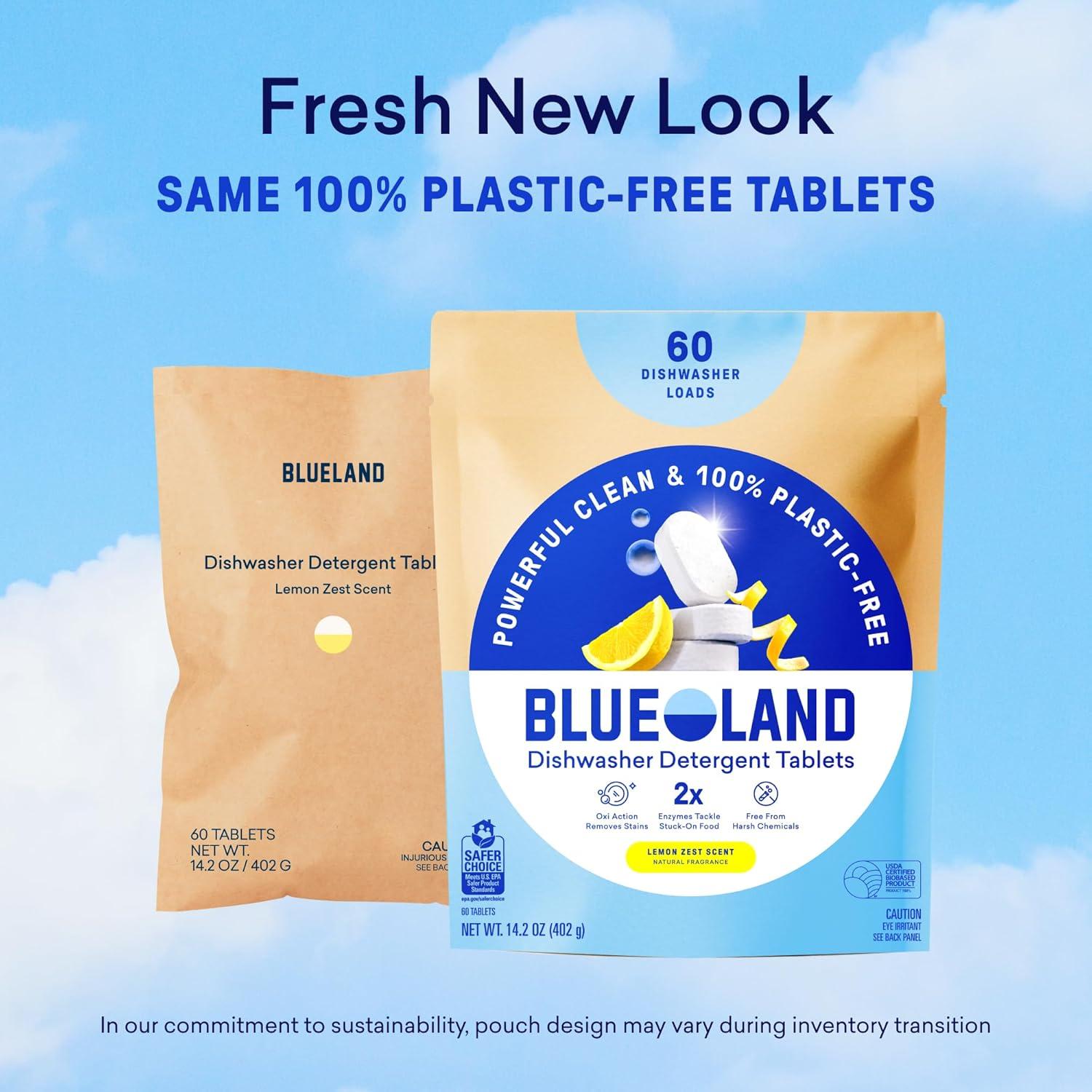 image:imageBLUELAND 100 PlasticFree Dishwasher Detergent Tablets 120 Count Free amp Clear EcoFriendly Dishwashing Pods Natural USDA Certified biobasedLemon Zest