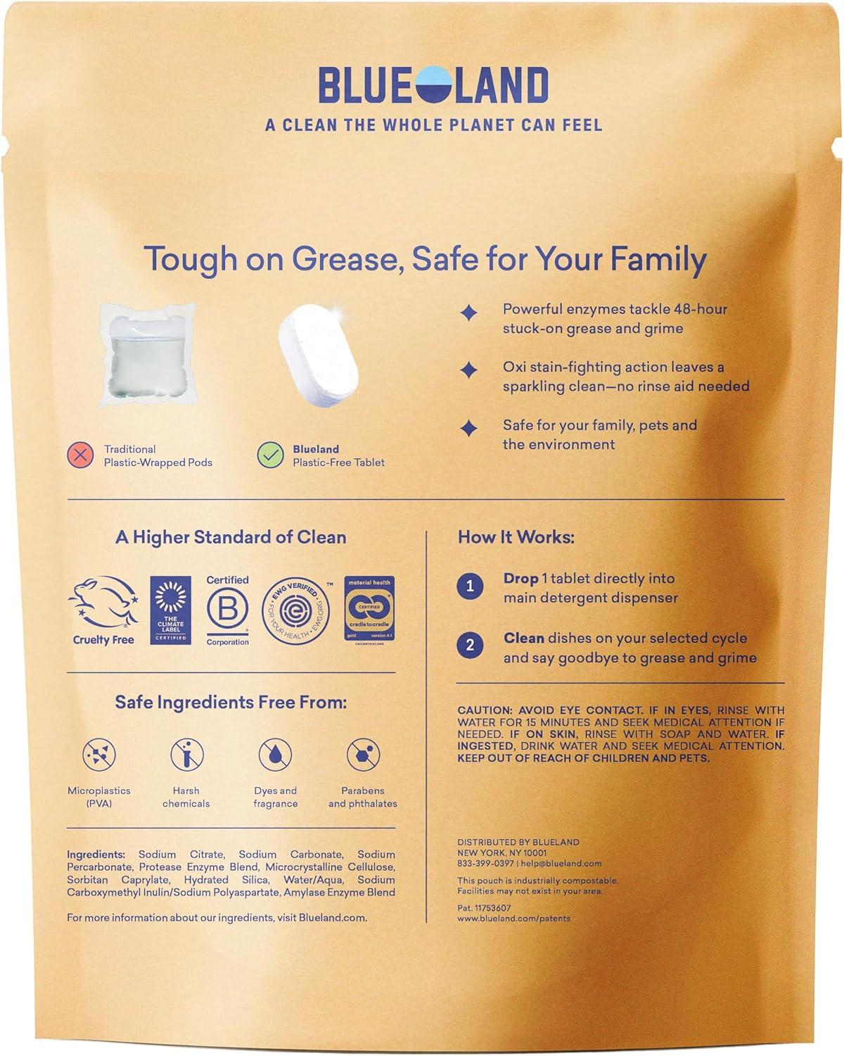 image:imageBLUELAND 100 PlasticFree Dishwasher Detergent Tablets 120 Count Free amp Clear EcoFriendly Dishwashing Pods Natural USDA Certified biobasedLemon Zest