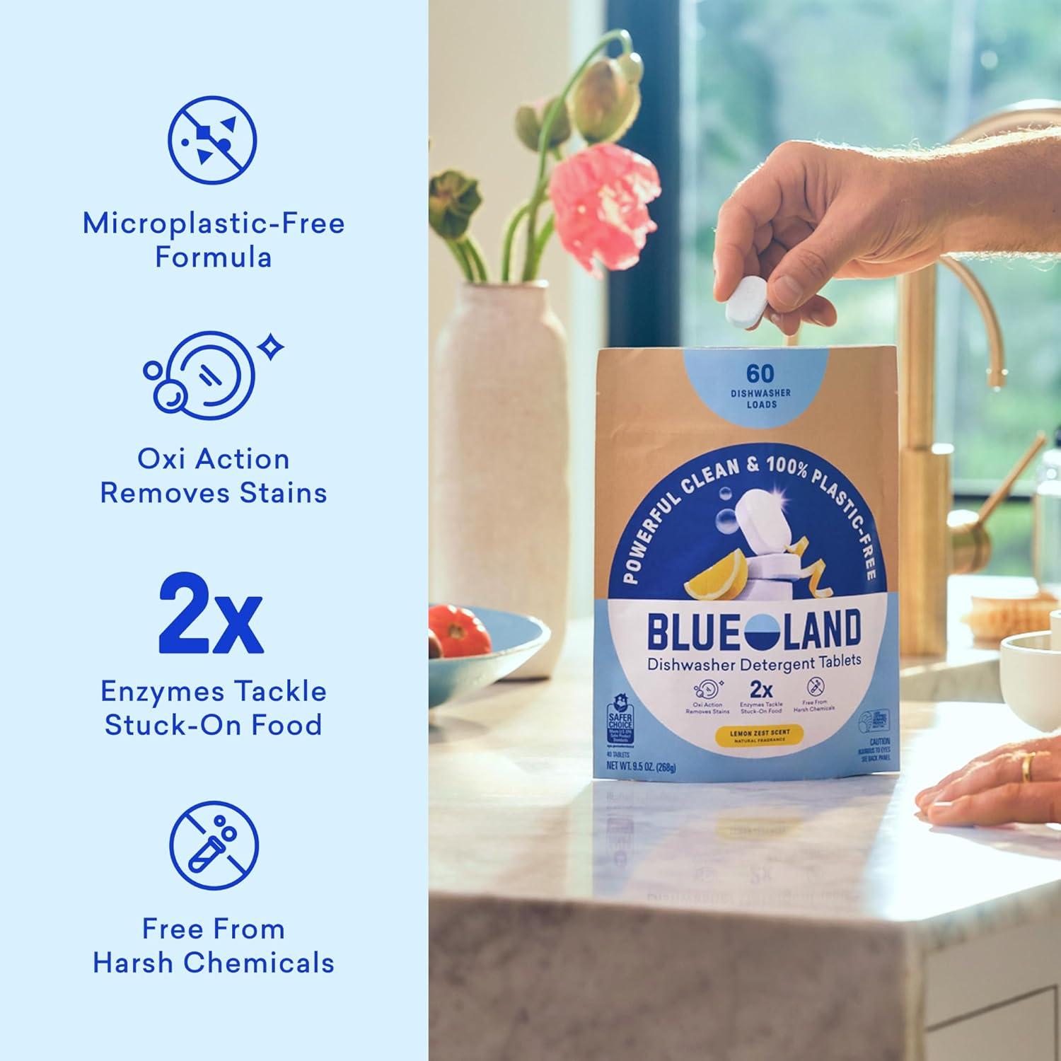image:imageBLUELAND 100 PlasticFree Dishwasher Detergent Tablets 120 Count Free amp Clear EcoFriendly Dishwashing Pods Natural USDA Certified biobasedLemon Zest