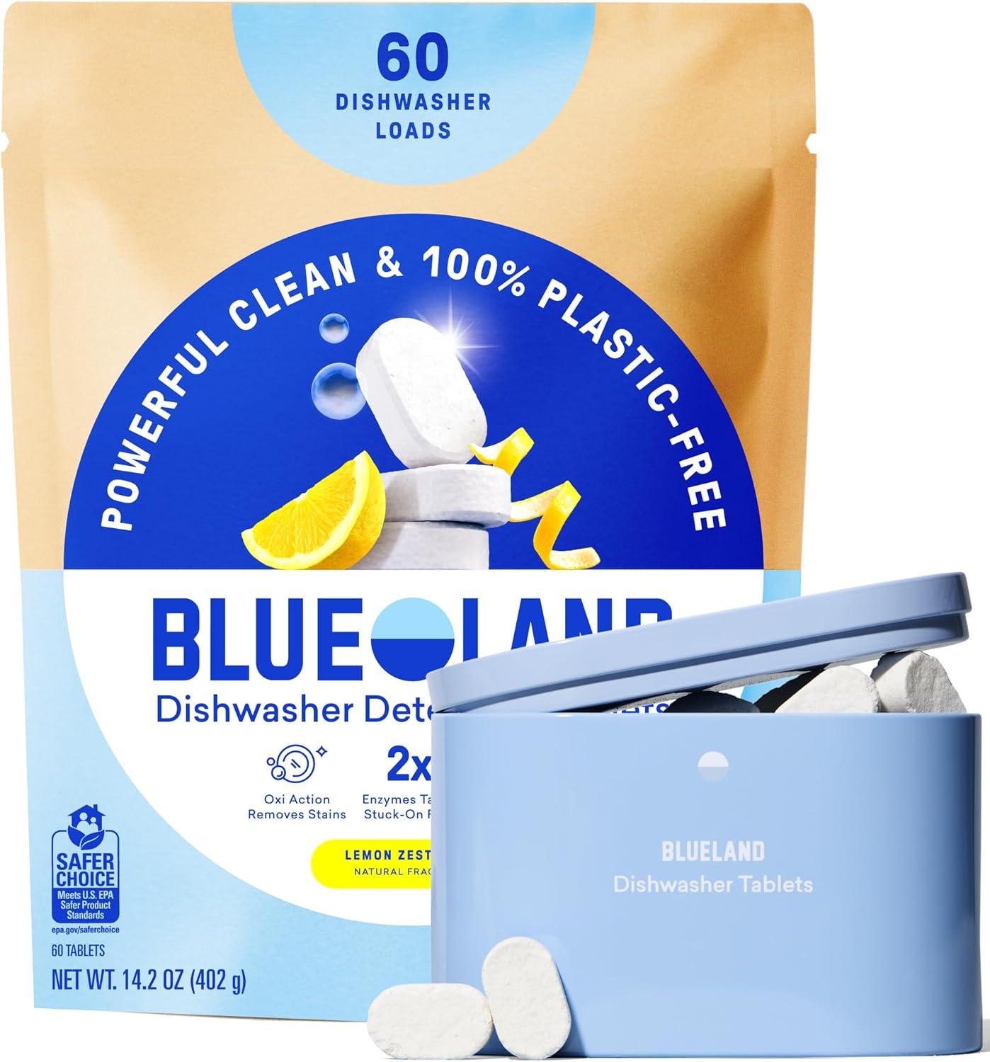 image:imageBLUELAND 100 PlasticFree Dishwasher Detergent Tablets 120 Count Free amp Clear EcoFriendly Dishwashing Pods Natural USDA Certified biobasedLemon Zest