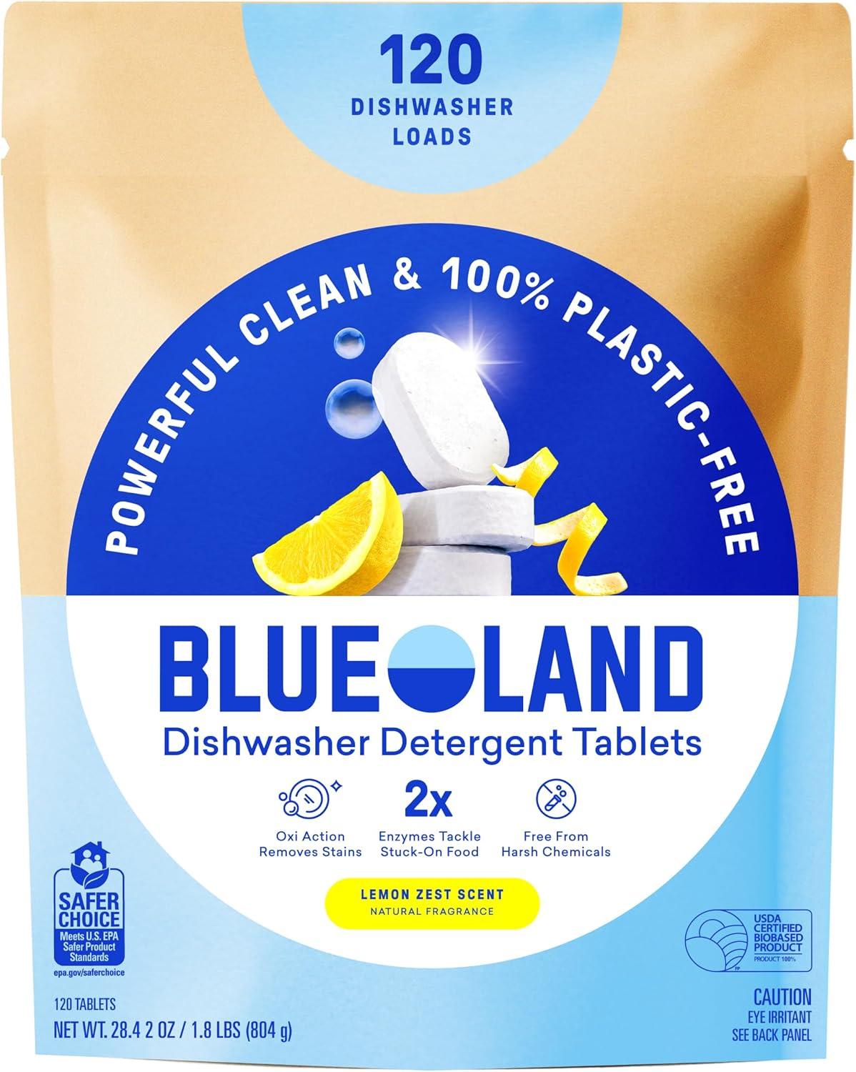 image:imageBLUELAND 100 PlasticFree Dishwasher Detergent Tablets 120 Count Free amp Clear EcoFriendly Dishwashing Pods Natural USDA Certified biobasedLemon Zest