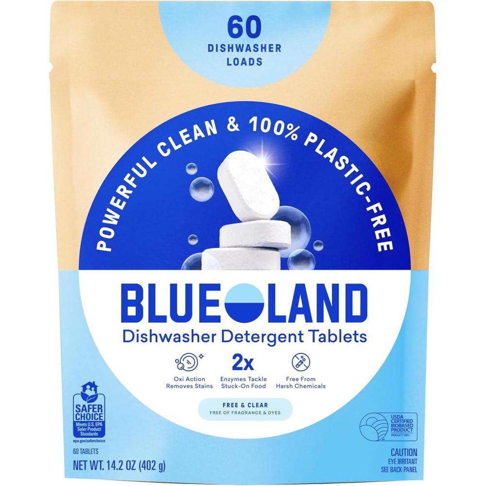image:imageBLUELAND 100 PlasticFree Dishwasher Detergent Tablets 120 Count Free amp Clear EcoFriendly Dishwashing Pods Natural USDA Certified biobasedFragrance Free