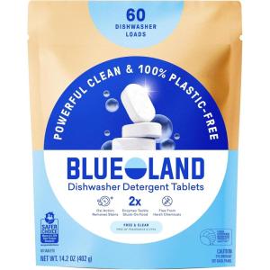 BLUELAND 100% Plastic-Free Dishwasher Detergent Tablets, 120 Count, Free & Clear, Eco-Friendly Dishwashing Pods, Natural, USDA Certified biobased(Fragrance Free)