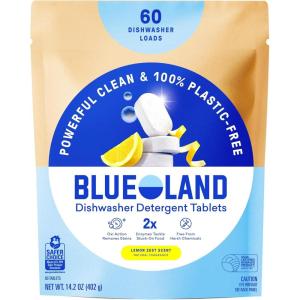 BLUELAND 100% Plastic-Free Dishwasher Detergent Tablets, 120 Count, Free & Clear, Eco-Friendly Dishwashing Pods, Natural, USDA Certified biobased(Lemon Zest)