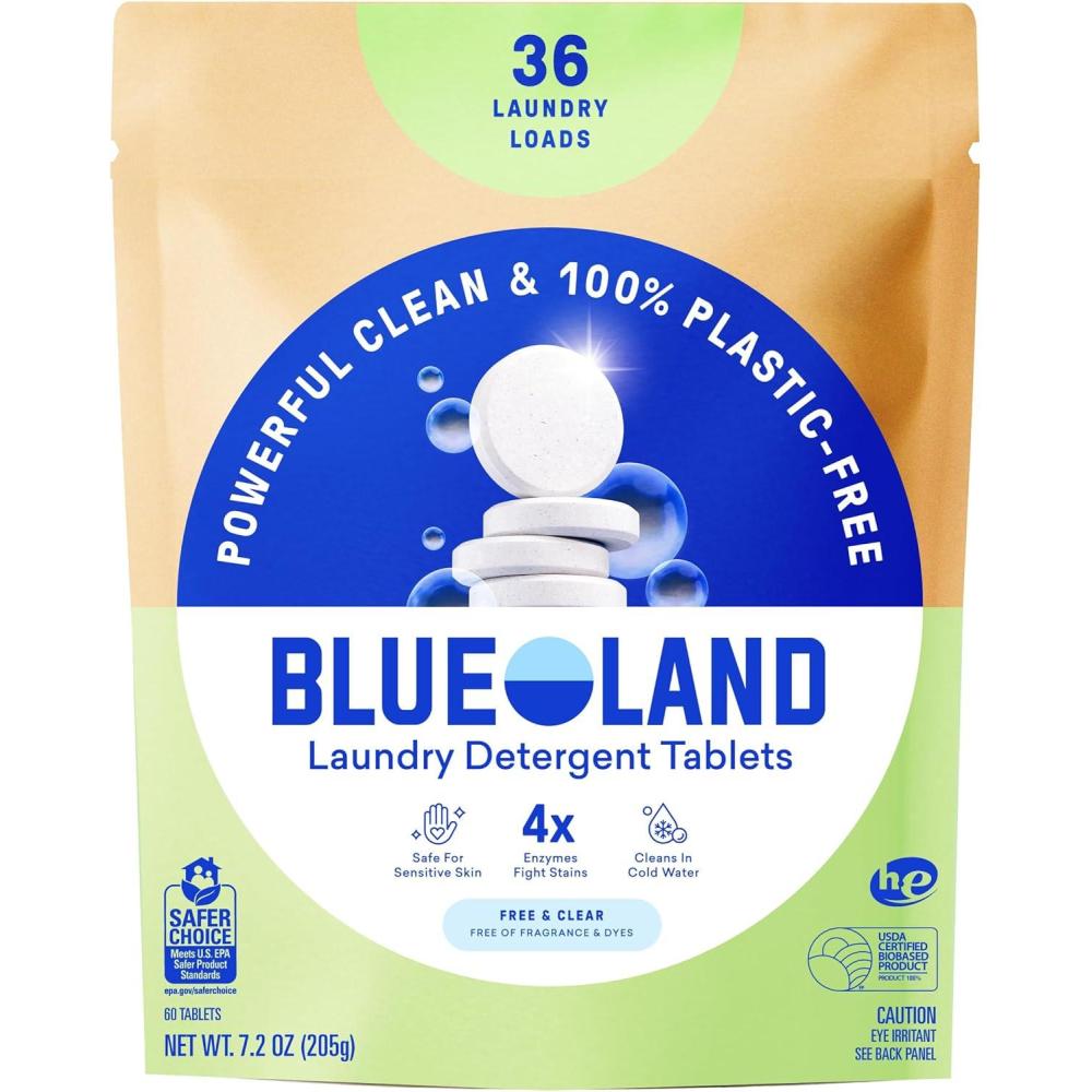 image:imageBLUELAND Laundry Detergent Tablets 36 Count PlasticFree EcoFriendly Pods Sheets Liquid Alternative  Fragrance Free and Clear Natural GentleFragrance Free