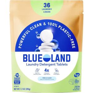 BLUELAND Laundry Detergent Tablets, 36 Count, Plastic-Free Eco-Friendly Pods, Sheets, Liquid Alternative – Fragrance Free and Clear, Natural, Gentle(Fragrance Free)