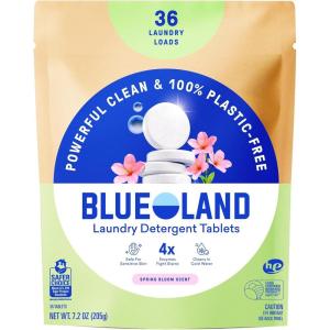 BLUELAND Laundry Detergent Tablets, 36 Count, Plastic-Free Eco-Friendly Pods, Sheets, Liquid Alternative – Fragrance Free and Clear, Natural, Gentle(Spring Bloom)