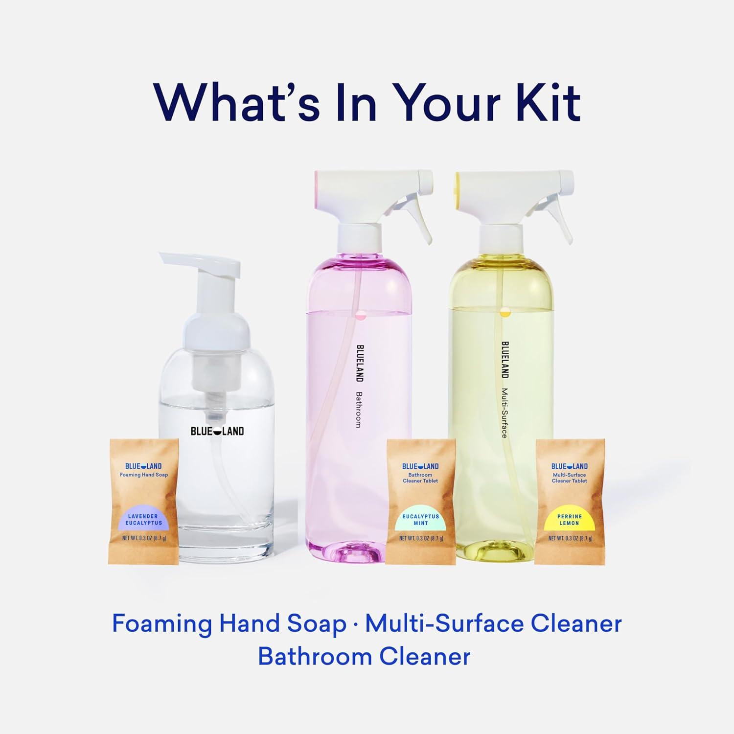 image:imageBLUELAND Clean Home Kit 3 Reusable Bottles with 3 Tablets Makes 1 Bottle Each of Foaming Hand Soap Multisurface Cleaner Bathroom Cleaner