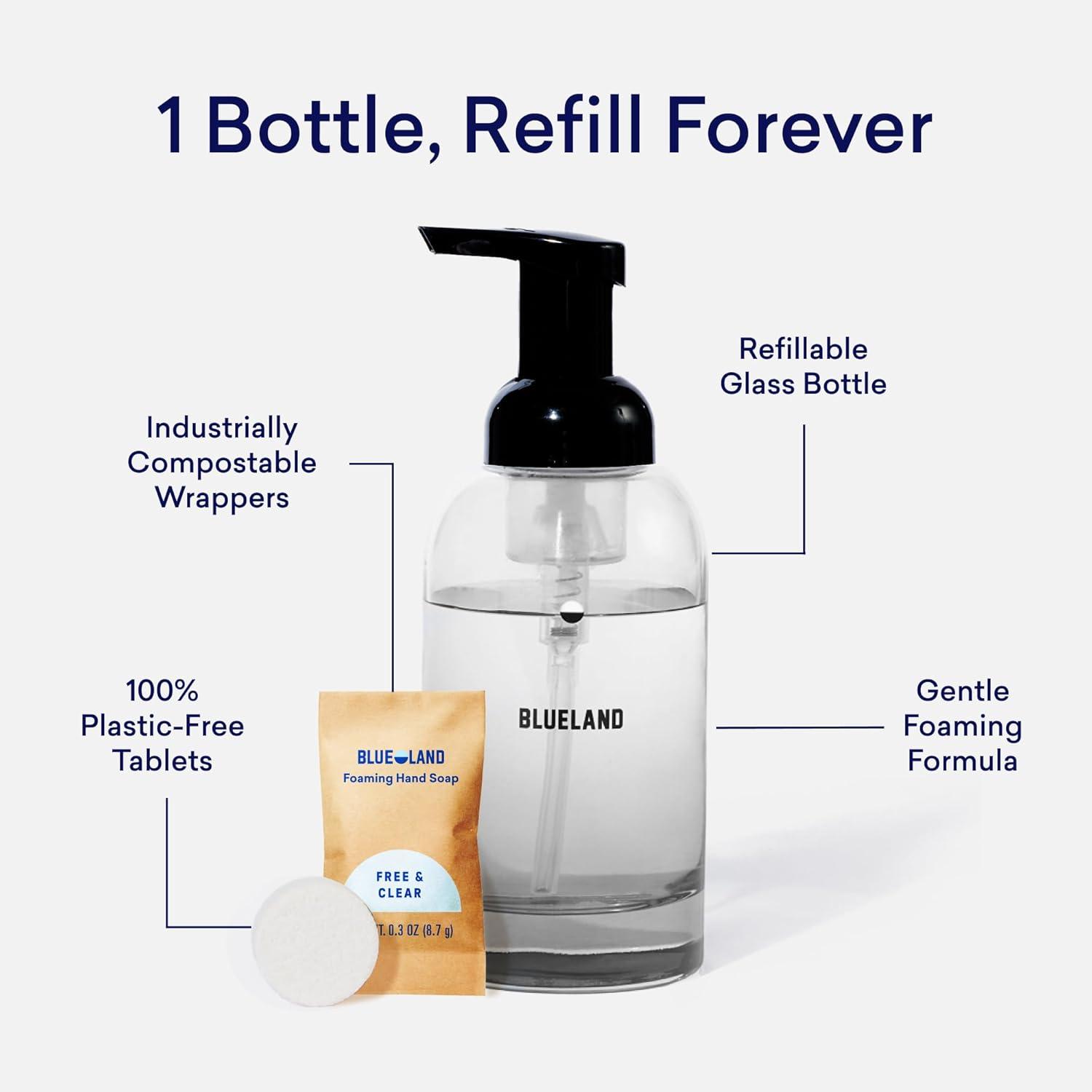 image:imageBLUELAND Hand Soap Starter Set 1 Refillable Glass Foaming Hand Soap Dispenser in Slate with 4 Refill Tablets Variety Scents 4 x 9 Fl ozSlate Duo Variety
