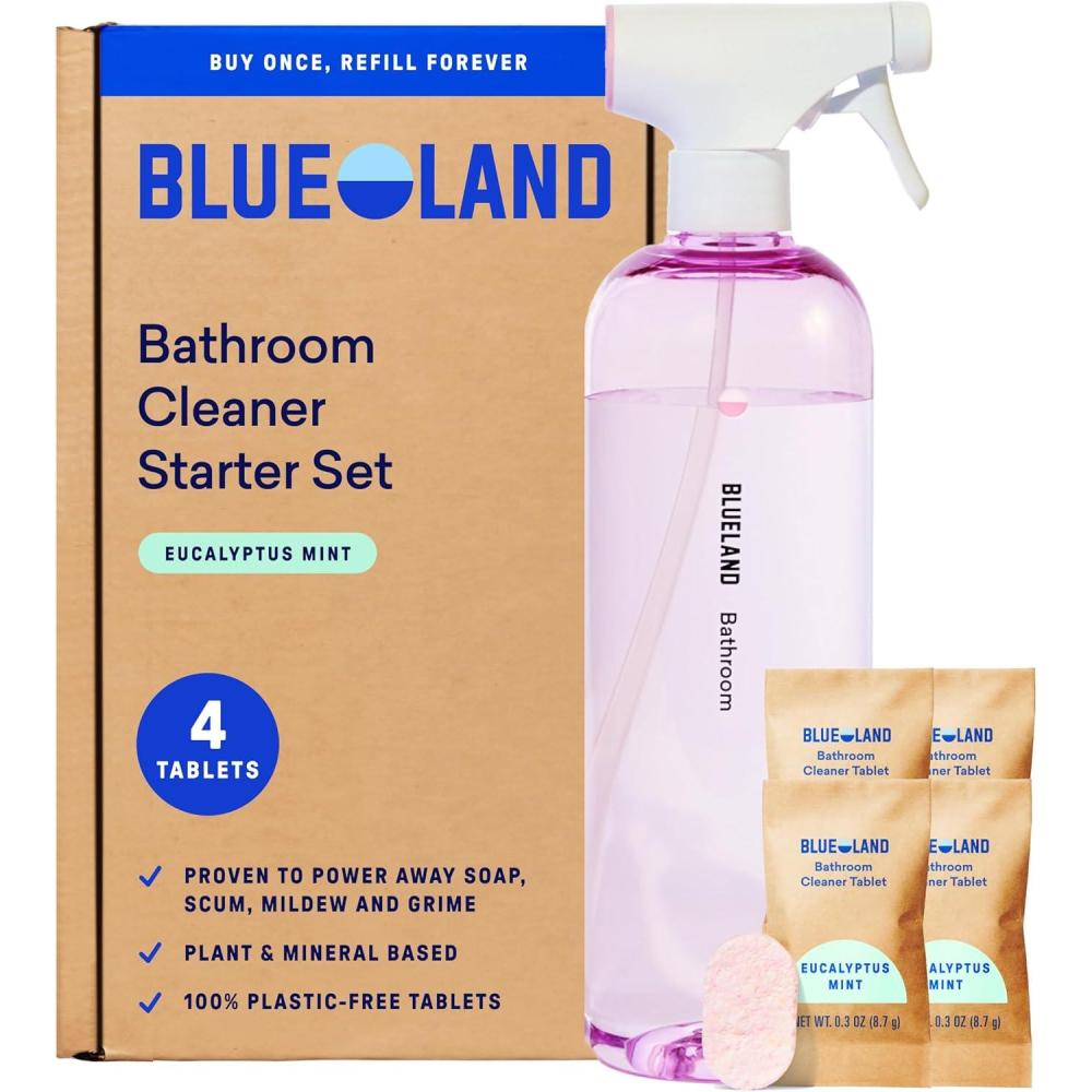 image:imageBLUELAND Bathroom Cleaner 4Pack Refill Eucalyptus Mint Scent EcoFriendly Cleaning Supplies 4 x 24 Fl ozSpray Bottle 4 Tablets