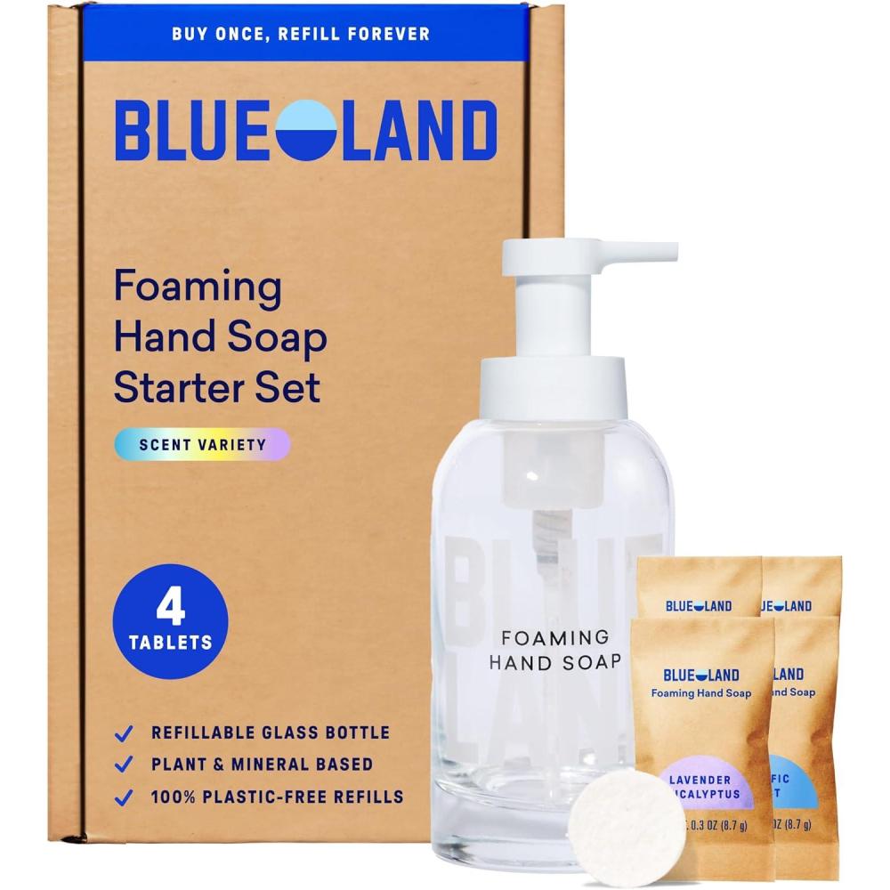 image:imageBLUELAND Hand Soap Starter Set 1 Refillable Glass Foaming Hand Soap Dispenser in Slate with 4 Refill Tablets Variety Scents 4 x 9 Fl ozOriginal Starter Set  Variety