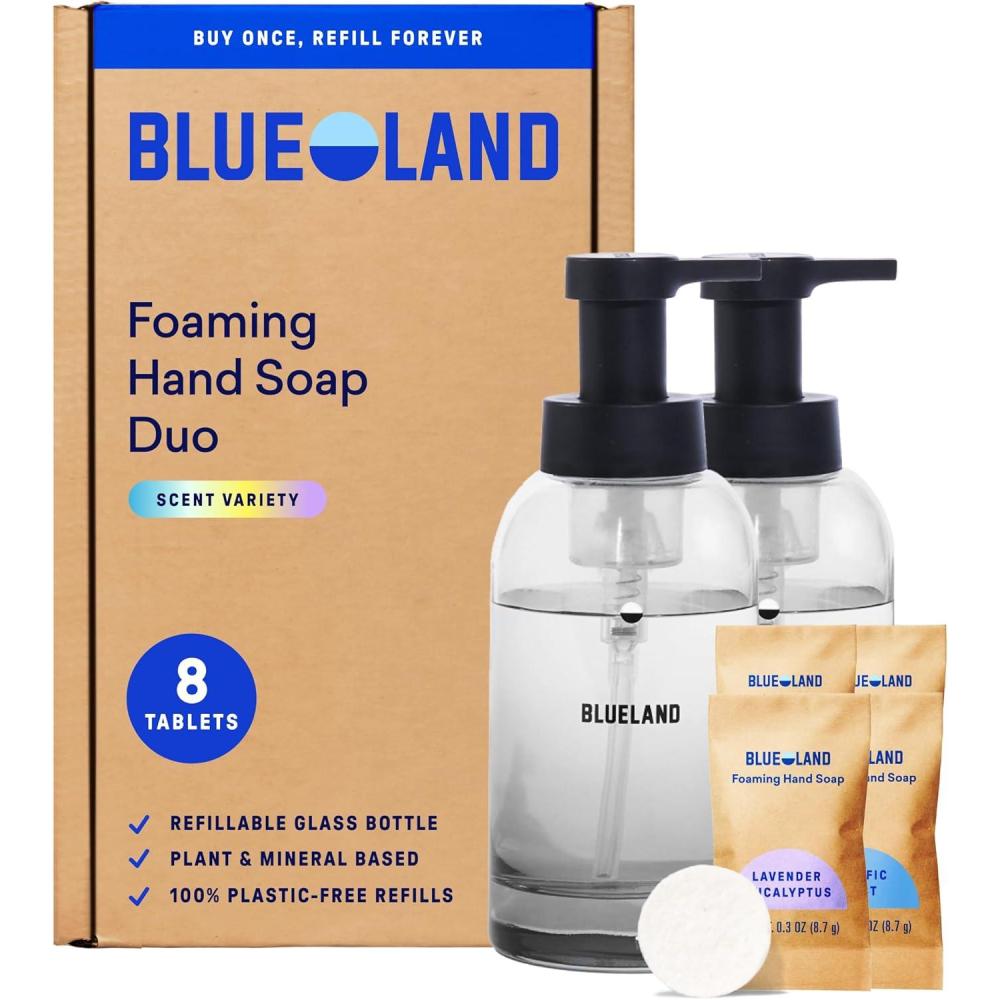 image:imageBLUELAND Hand Soap Starter Set 1 Refillable Glass Foaming Hand Soap Dispenser in Slate with 4 Refill Tablets Variety Scents 4 x 9 Fl ozSlate Duo  Variety