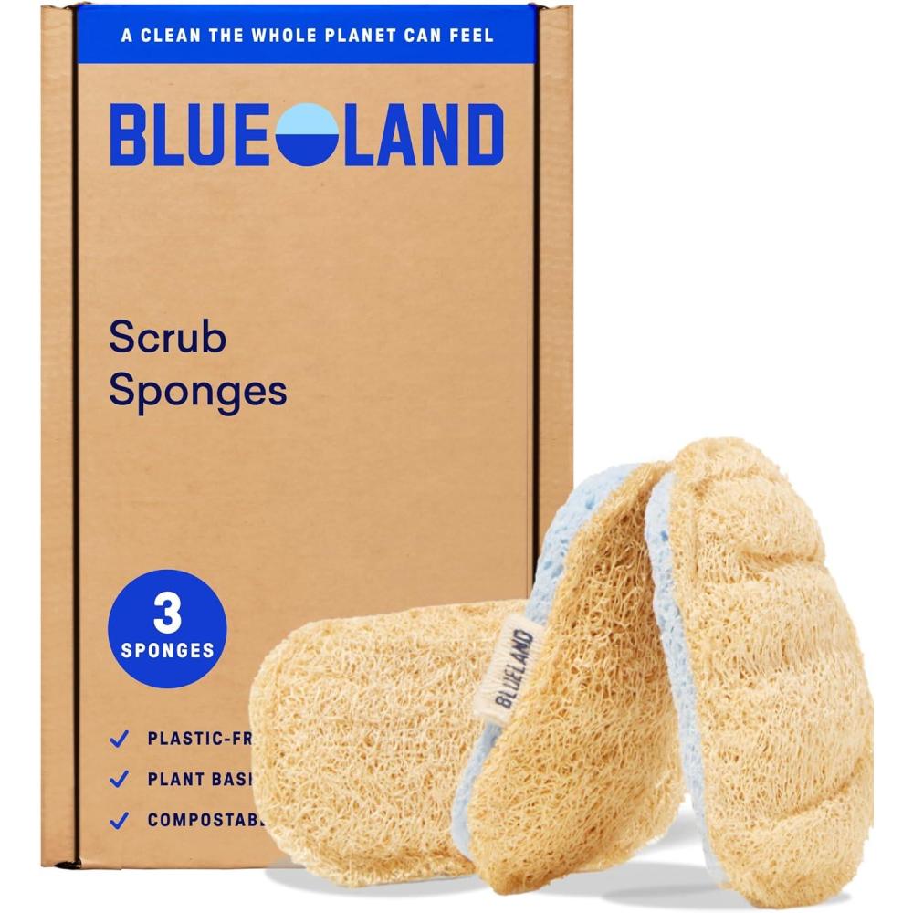 image:imageBLUELAND Scrub Sponge 3Pack DualSided Dish Loofah PlasticFree PlantBased Kitchen Scrubbing NonScratch