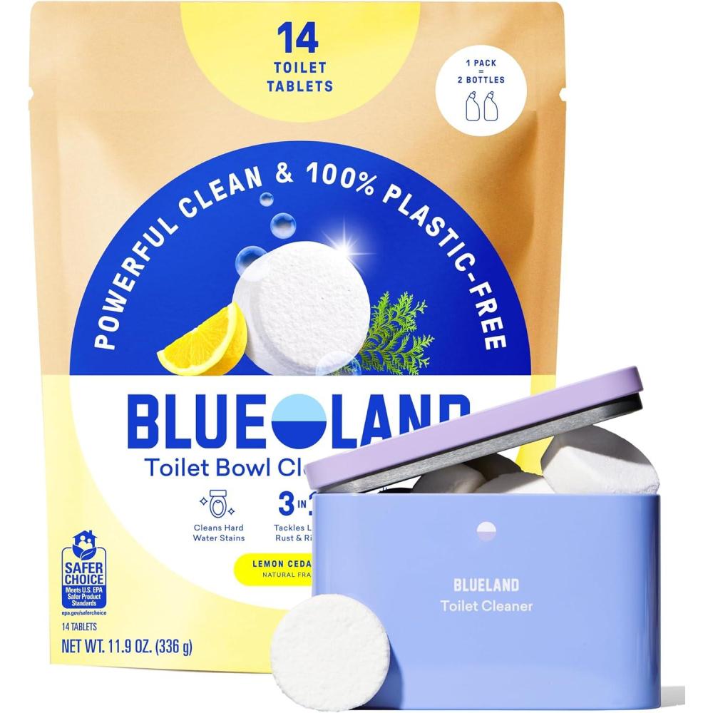 image:imageBLUELAND Toilet Bowl Cleaner Tablets Starter Set 14 Count with Tin Peppermint Eucalyptus PlasticFree No Harsh Chemicals PlantBasedLemon Cedar