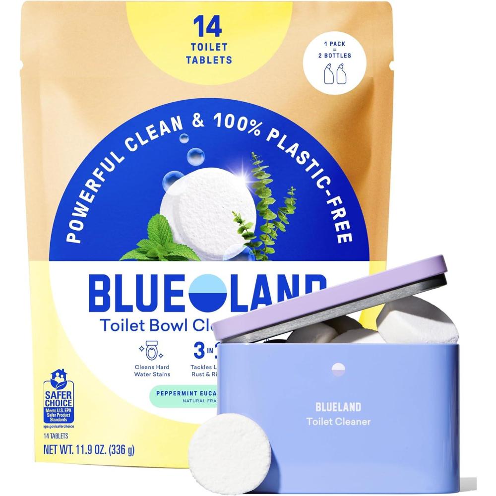 image:imageBLUELAND Toilet Bowl Cleaner Tablets Starter Set 14 Count with Tin Peppermint Eucalyptus PlasticFree No Harsh Chemicals PlantBasedPeppermint Eucalyptus