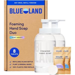 BLUELAND Hand Soap Starter Set, 1 Refillable Glass Foaming Hand Soap Dispenser in Slate with 4 Refill Tablets, Variety Scents, 4 x 9 Fl oz(Original Duo | Variety)