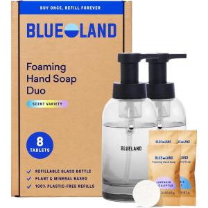 BLUELAND Hand Soap Starter Set, 1 Refillable Glass Foaming Hand Soap Dispenser in Slate with 4 Refill Tablets, Variety Scents, 4 x 9 Fl oz(Slate Duo | Variety)