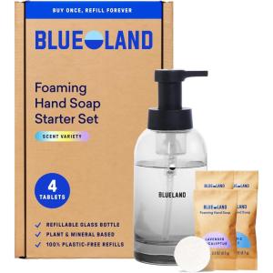 BLUELAND Hand Soap Starter Set, 1 Refillable Glass Foaming Hand Soap Dispenser in Slate with 4 Refill Tablets, Variety Scents, 4 x 9 Fl oz(Slate Starter Set | Variety)