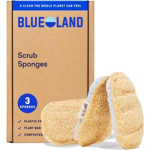 BLUELAND Scrub Sponge, 3-Pack, Dual-Sided Dish Loofah, Plastic-Free, Plant-Based Kitchen Scrubbing Non-Scratch