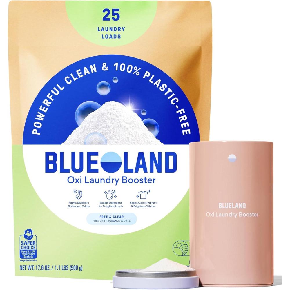 image:imageBLUELAND Oxi Laundry Booster Powder with Tin Starter Set Spring Bloom Scent 25 Loads 176 oz PlasticFree Eco Friendly Oxy Cleaner Stain RemoverFragrance Free